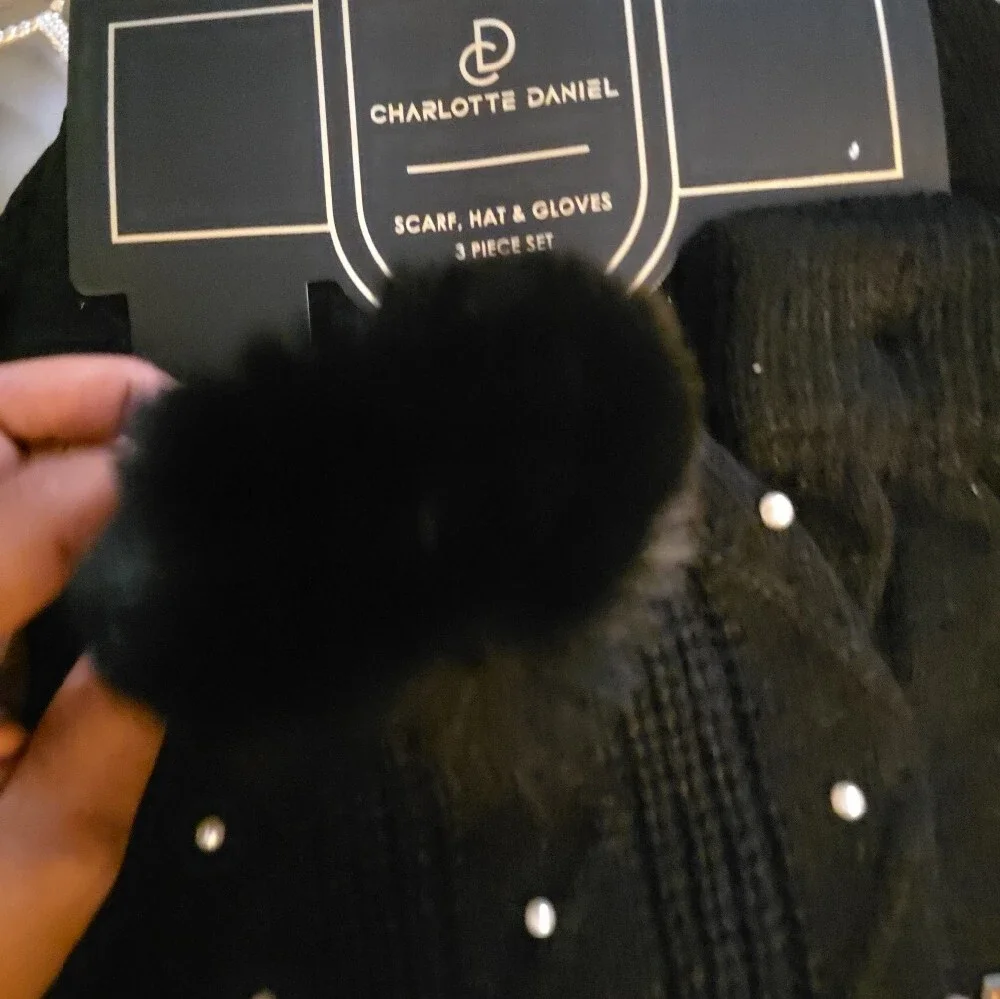 Black Pearl-Embellished Winter Hat , Scarf And Glove Set